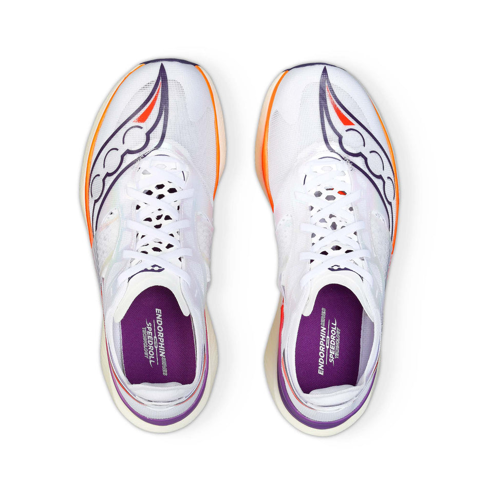 The upper of a pair of Saucony Women's Endorphin Elite Running Shoes in the White/Vizired colourway (8192175636642)