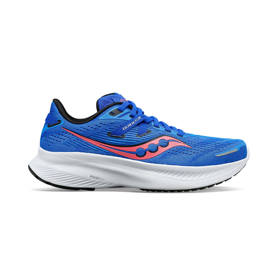Lateral side of the right shoe from a pair of Saucony Women's Guide 16 Running Shoes in the Bluelight/Black colourway (7996821602466)
