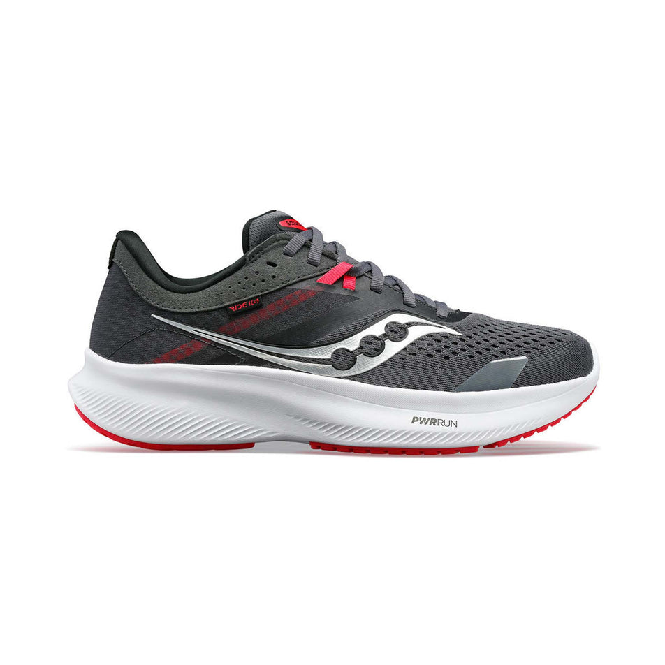 Lateral side of the right shoe from a pair of Saucony Women's Ride 16 Running Shoes in the Shadow/Lux colourway (7991014293666)