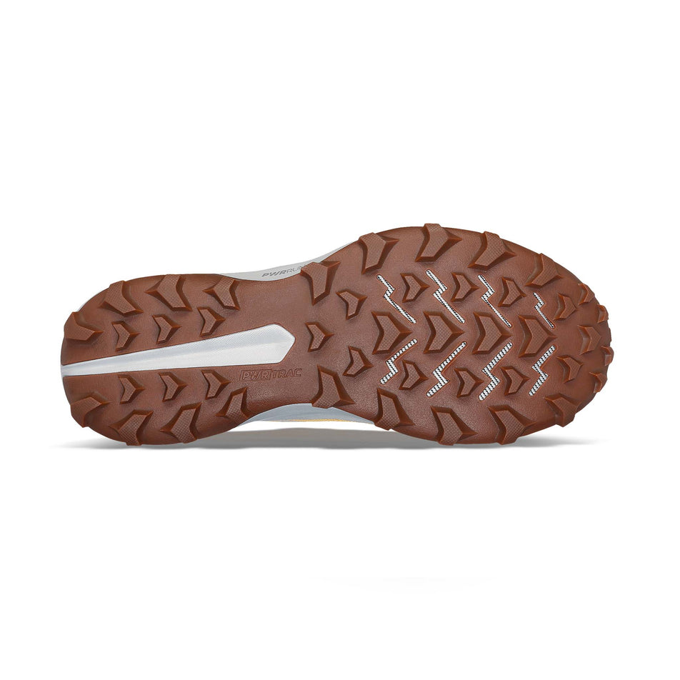 Outsole of the right shoe from a pair of Saucony Women's Peregrine 14 Running Shoes in the Flax/Clove colourway (8164431757474)