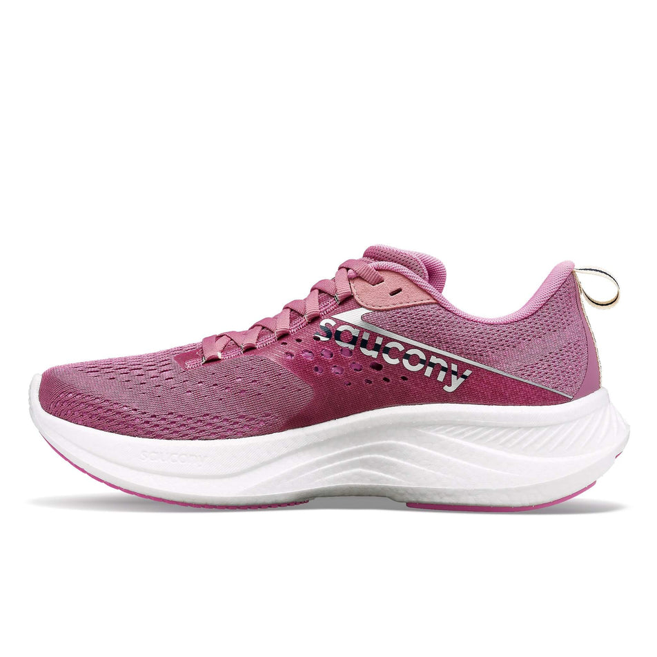 Medial side of the right shoe from a pair of Saucony Women's Ride 17 Running Shoes in the Orchid/Silver colourway (8118092234914)