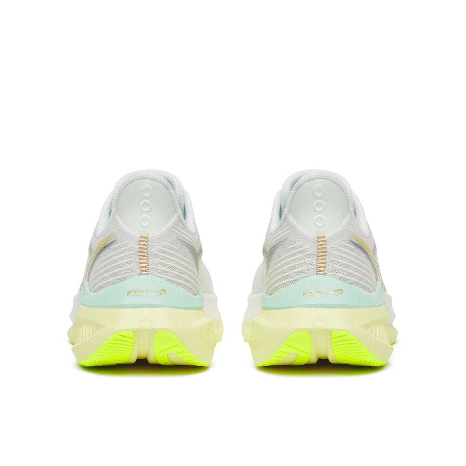 The back of a pair of Saucony Women's Endorphin Speed 5 Running Shoes in the White/Tender colourway.