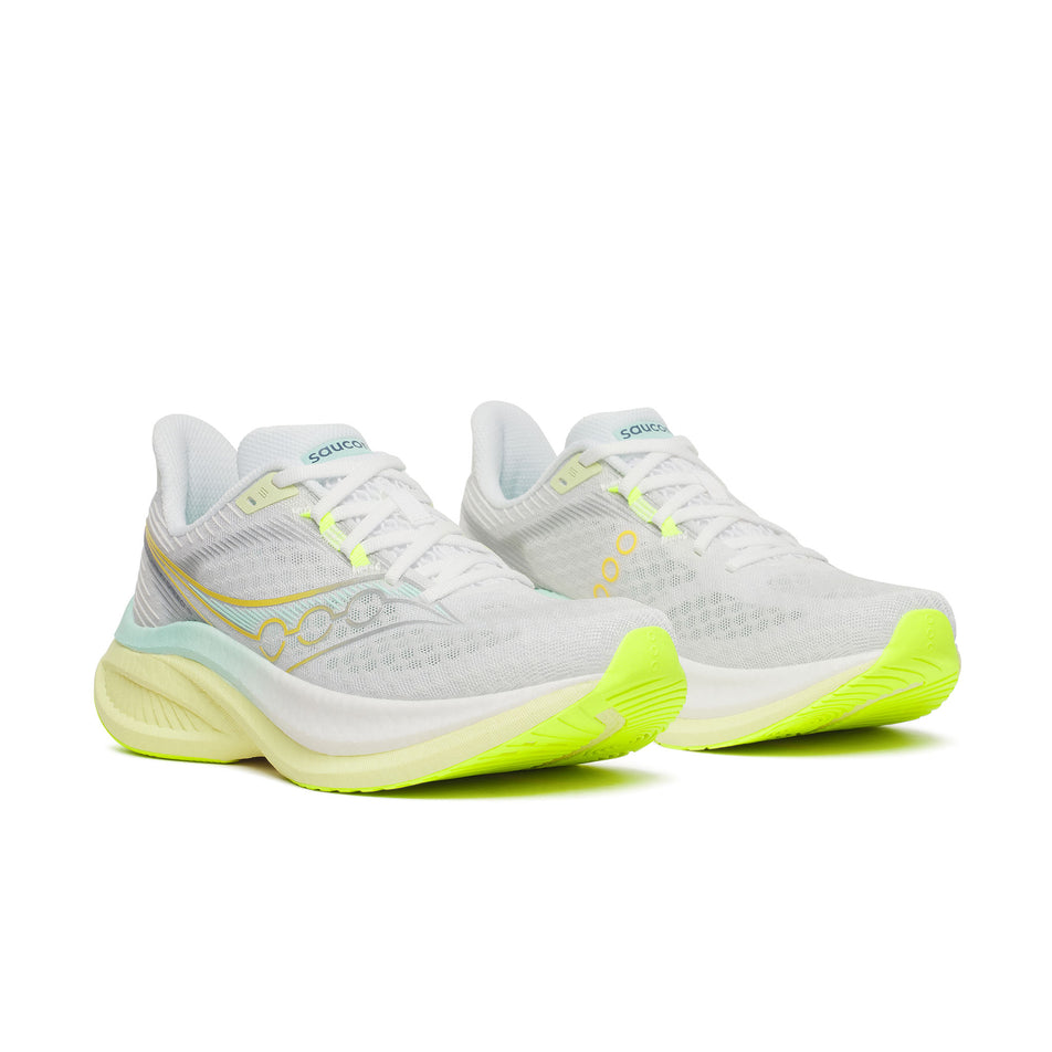 A pair of Saucony Women's Endorphin Speed 5 Running Shoes in the White/Tender colourway.