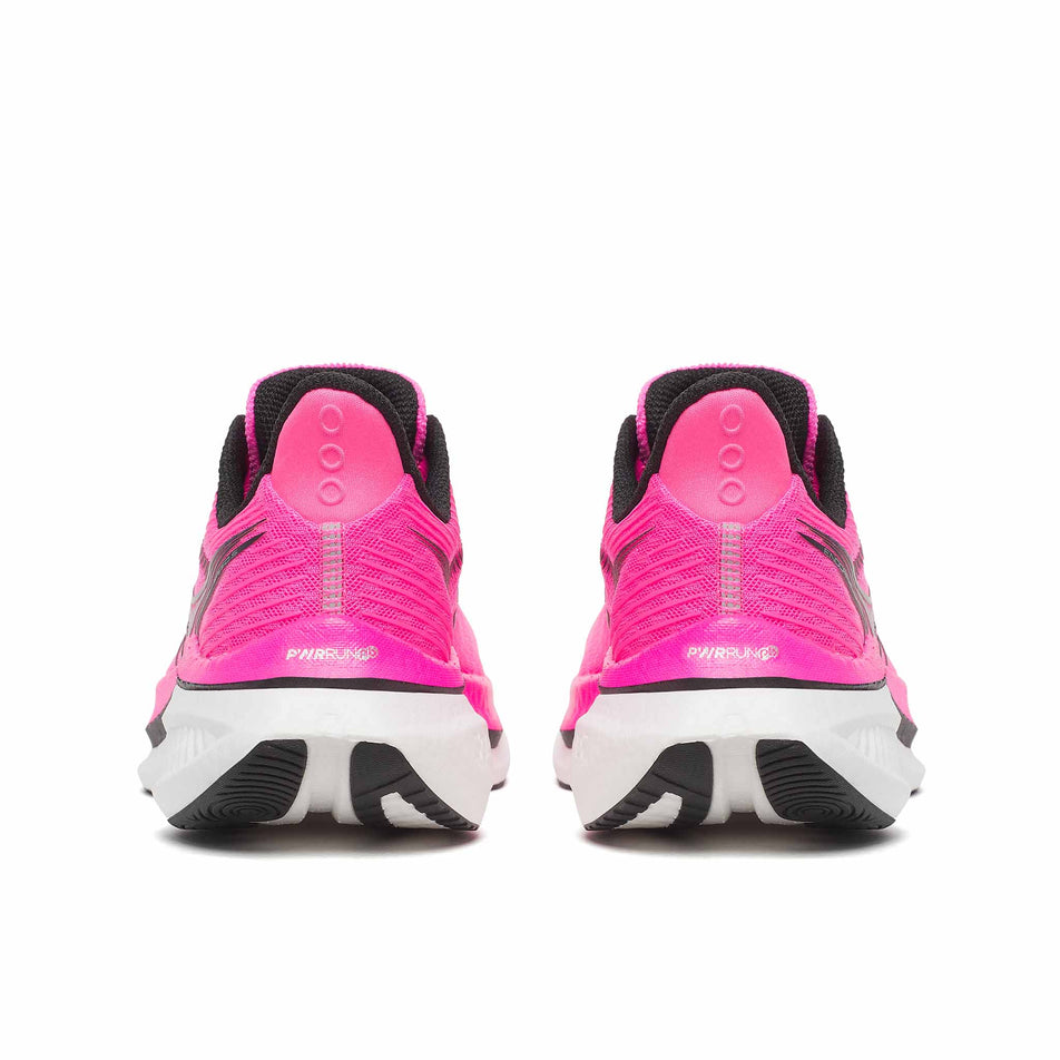 The back of a pair of Saucony Women's Endorphin Speed 5 Running Shoes in the Shock/Black colourway.