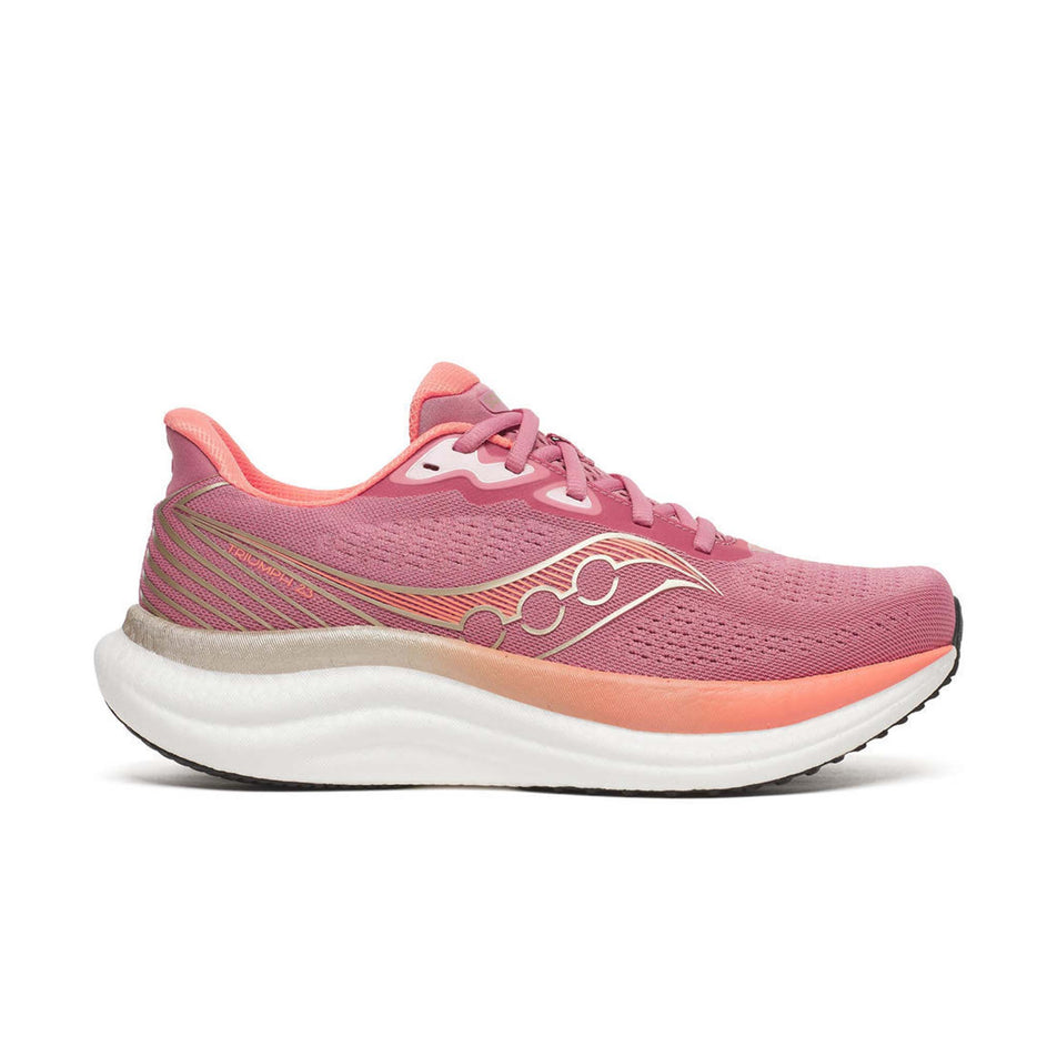 Lateral view of the right shoe from a pair of Saucony Women's Triumph 23 Running Shoes in the Mauve/Black colourway.