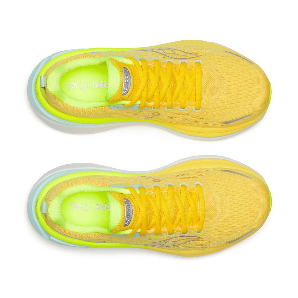 The uppers of a pair of Saucony Women's Hurricane 25 Running Shoes in the Sunrise/Citron colourway.