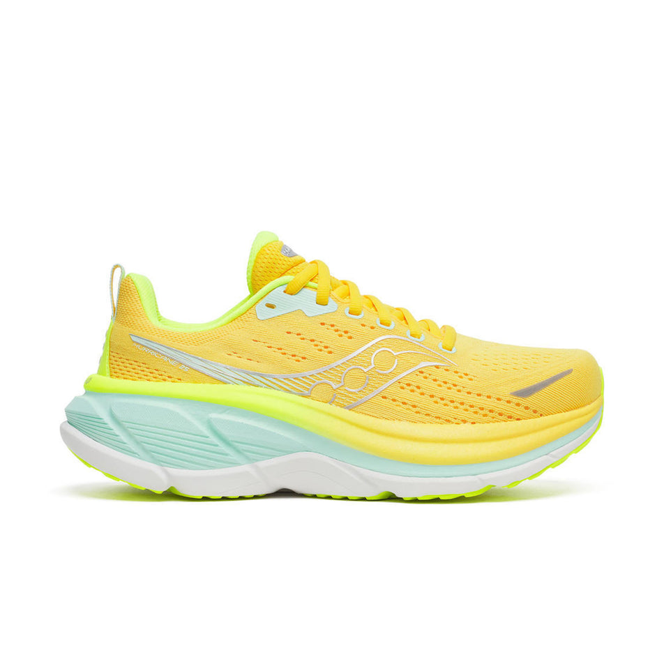Lateral view of the right shoe from a pair of Saucony Women's Hurricane 25 Running Shoes in the Sunrise/Citron colourway.