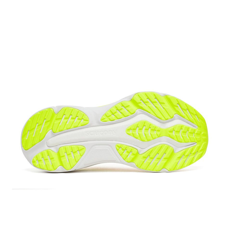 The outsole of the right shoe from a pair of Saucony Women's Hurricane 25 Running Shoes in the Sunrise/Citron colourway.