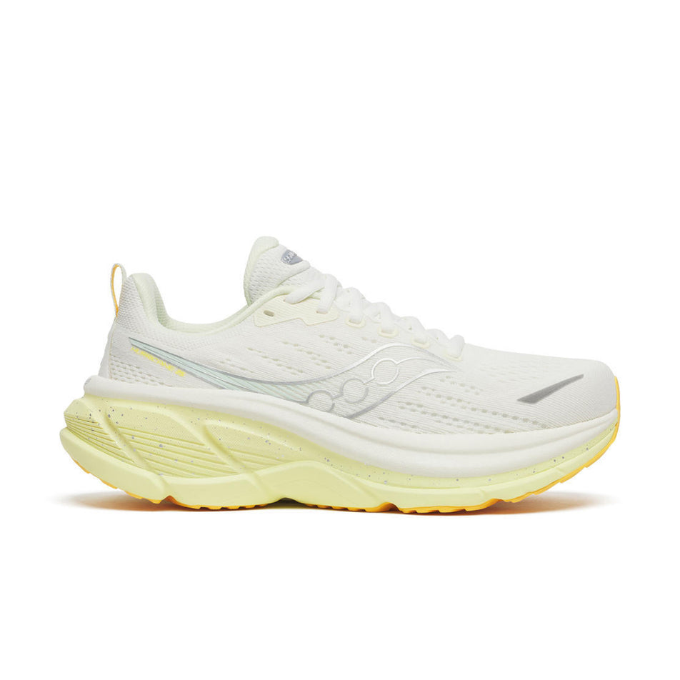 Lateral view of the right shoe from a pair of Saucony Women's Hurricane 25 Running Shoes in the Ivory/Tender colourway.