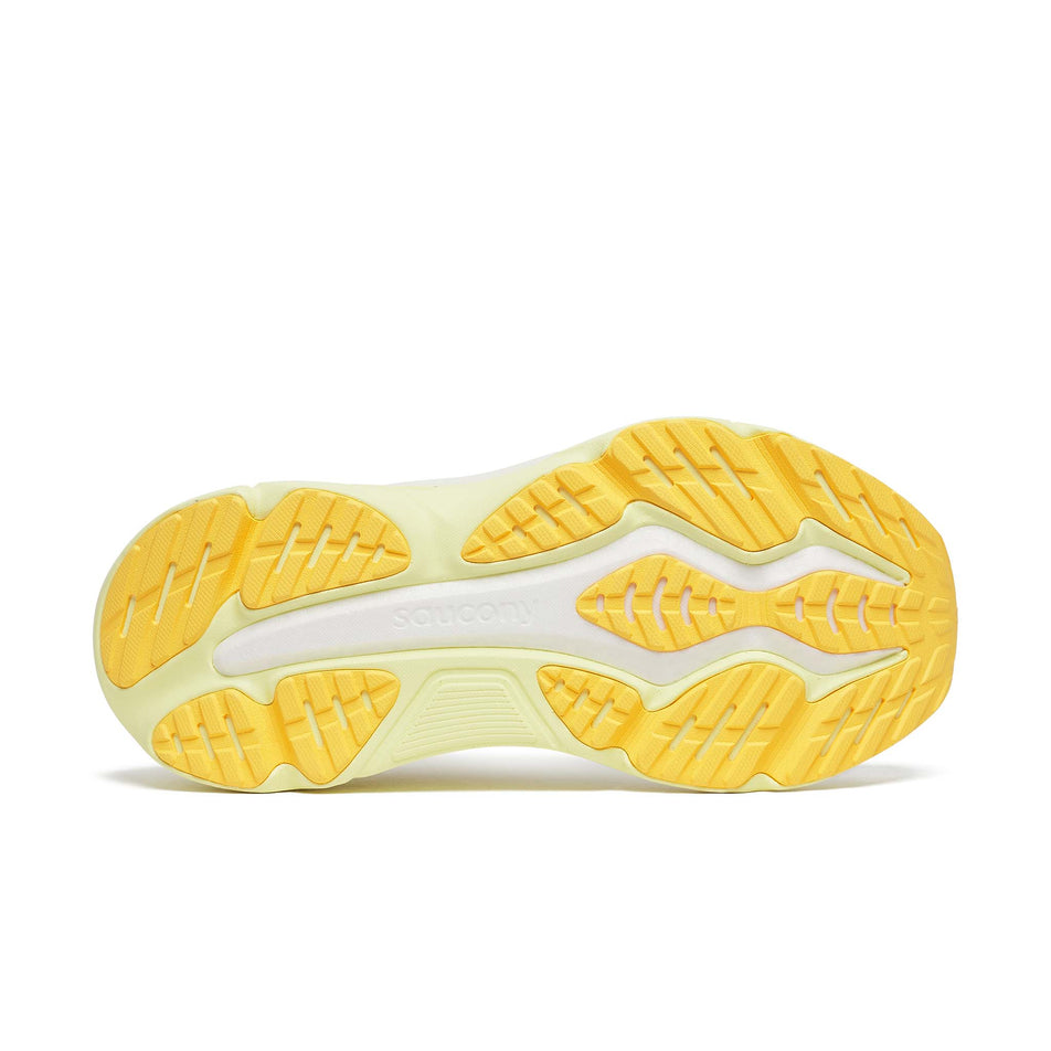 The outsole of the right shoe from a pair of Saucony Women's Hurricane 25 Running Shoes in the Ivory/Tender colourway.