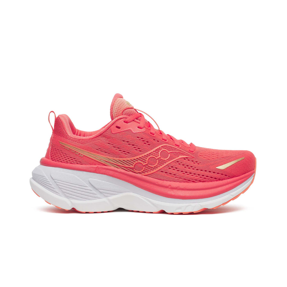 Lateral view of the right shoe from a pair of Saucony Women's Hurricane 25 Running Shoes in the Coral/Thistle  colourway. (8654995849378)
