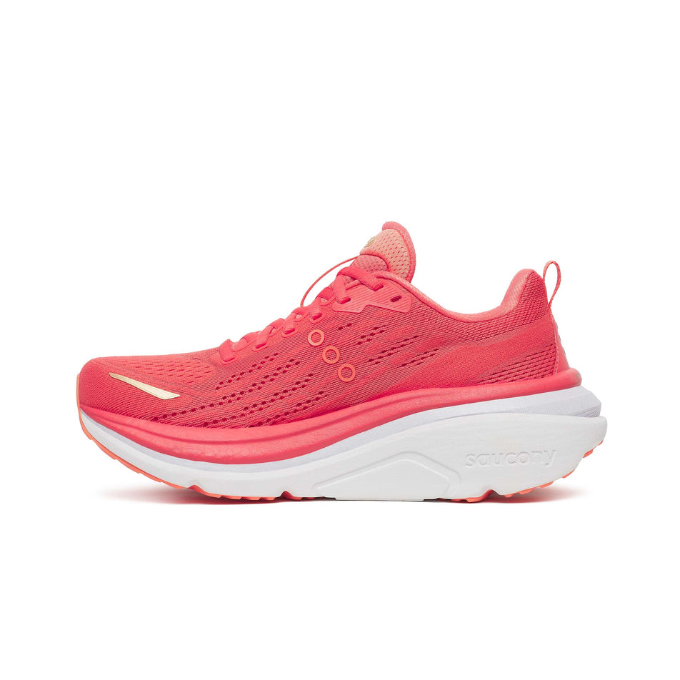 Medial view of the right shoe from a pair of Saucony Women's Hurricane 25 Running Shoes in the Coral/Thistle  colourway. (8654995849378)