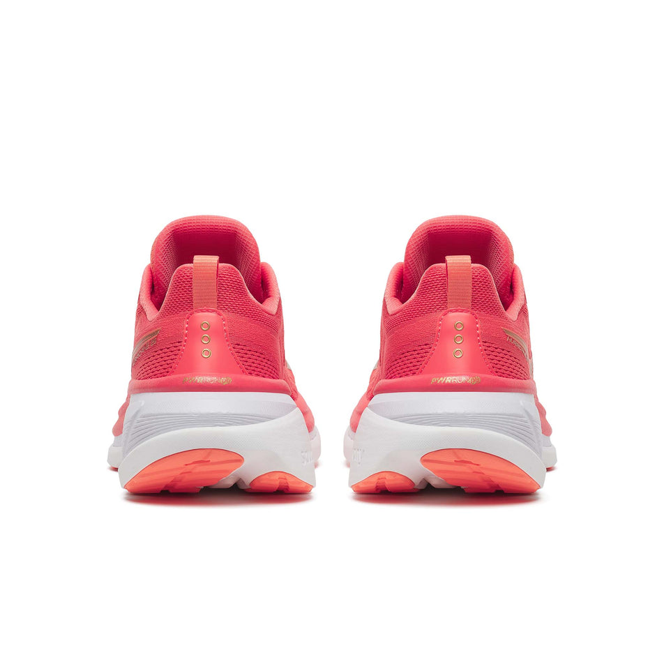 The back of a pair of Saucony Women's Hurricane 25 Running Shoes in the Coral/Thistle  colourway. (8654995849378)