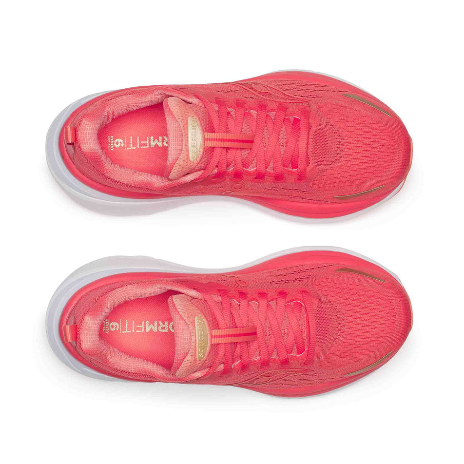 The uppers of a pair of Saucony Women's Hurricane 25 Running Shoes in the Coral/Thistle  colourway. (8654995849378)