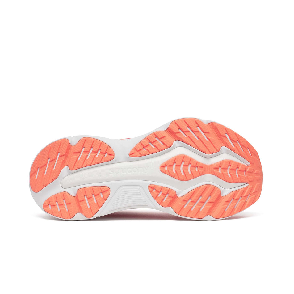 The outsole of the right shoe from a pair of Saucony Women's Hurricane 25 Running Shoes in the Coral/Thistle  colourway. (8654995849378)