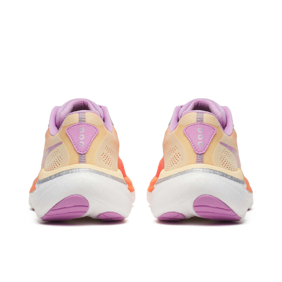 The back of a pair of Saucony Women's Ride 19 Running Shoes in the Fire/Orchid colourway.