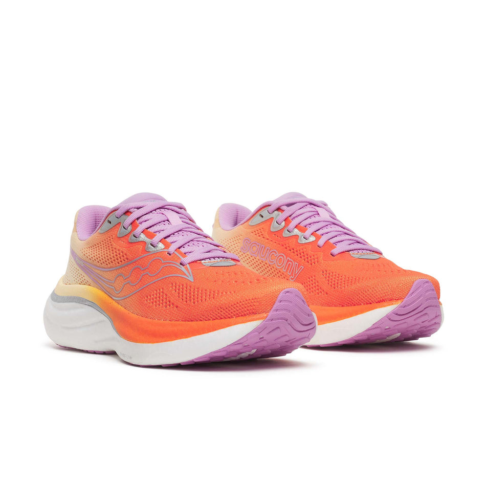 A pair of Saucony Women's Ride 19 Running Shoes in the Fire/Orchid colourway.