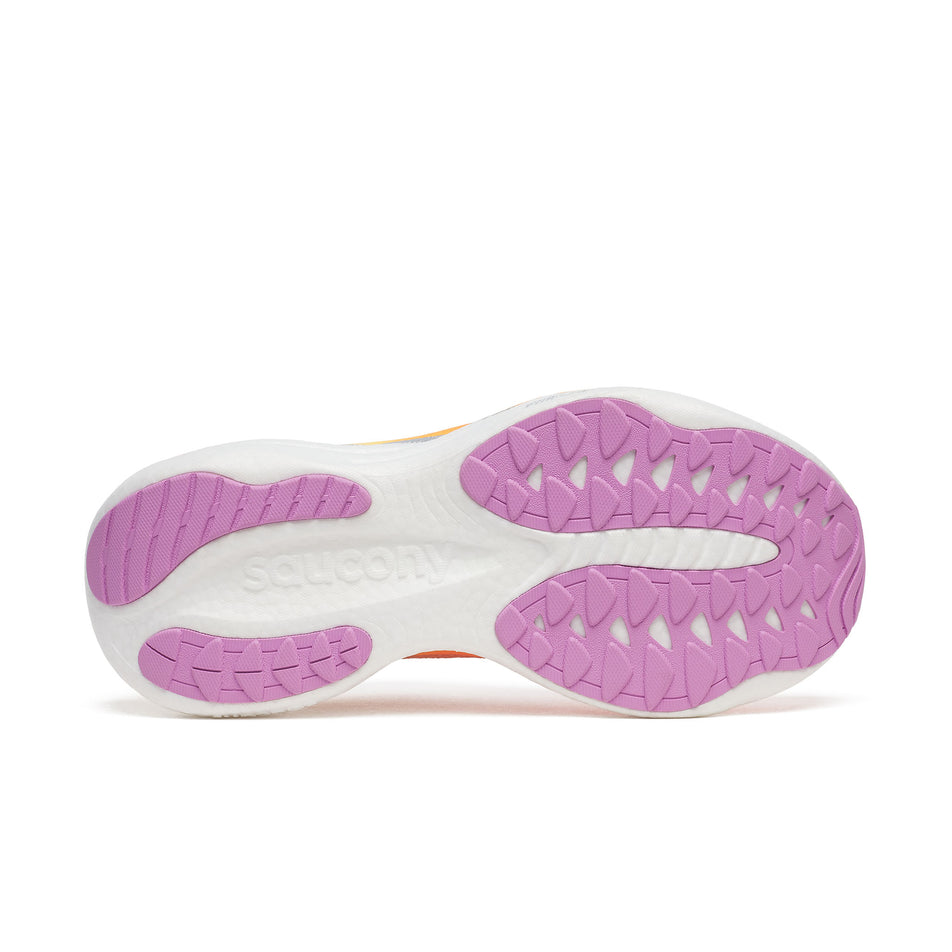 The outsole of the right shoe from a pair of Saucony Women's Ride 19 Running Shoes in the Fire/Orchid colourway.