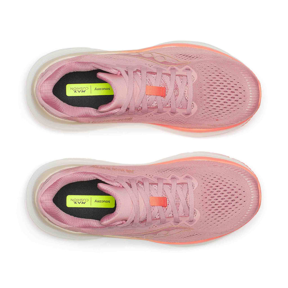 The uppers of a pair of Saucony Women's Guide 19 Running Shoes in the Mauve/Salmon colourway.
