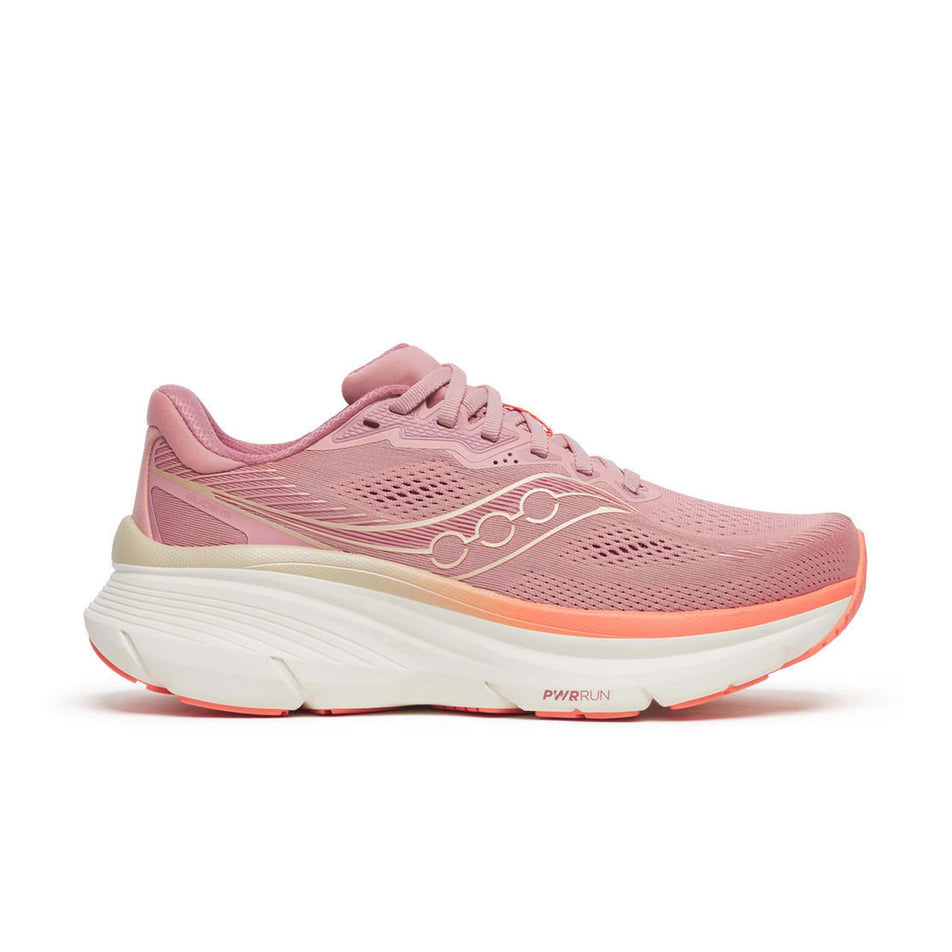 Lateral view of the right shoe from a pair of Saucony Women's Guide 19 Running Shoes in the Mauve/Salmon colourway.