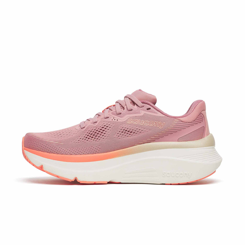 Medial view of the right shoe from a pair of Saucony Women's Guide 19 Running Shoes in the Mauve/Salmon colourway.