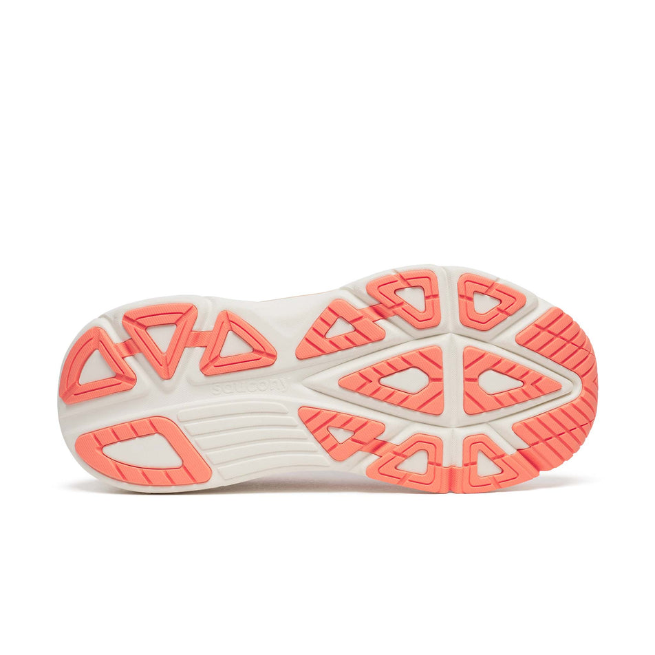 The outsole of the right shoe from a pair of Saucony Women's Guide 19 Running Shoes in the Mauve/Salmon colourway.