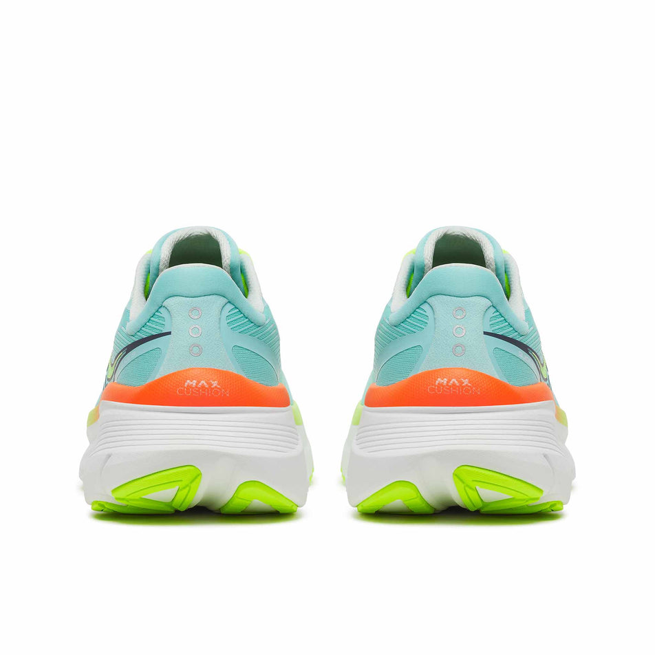 The back of a pair of Saucony Women's Guide 19 Running Shoes in the Splash/Citron colourway.