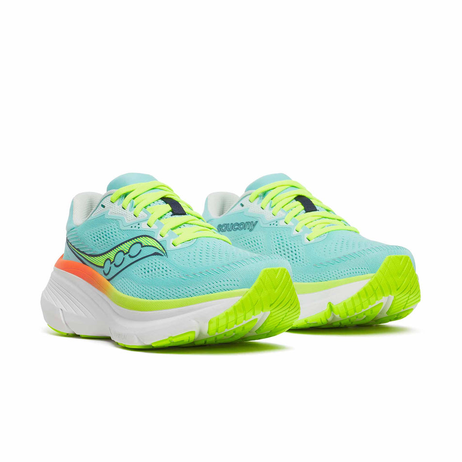 A pair of Saucony Women's Guide 19 Running Shoes in the Splash/Citron colourway.