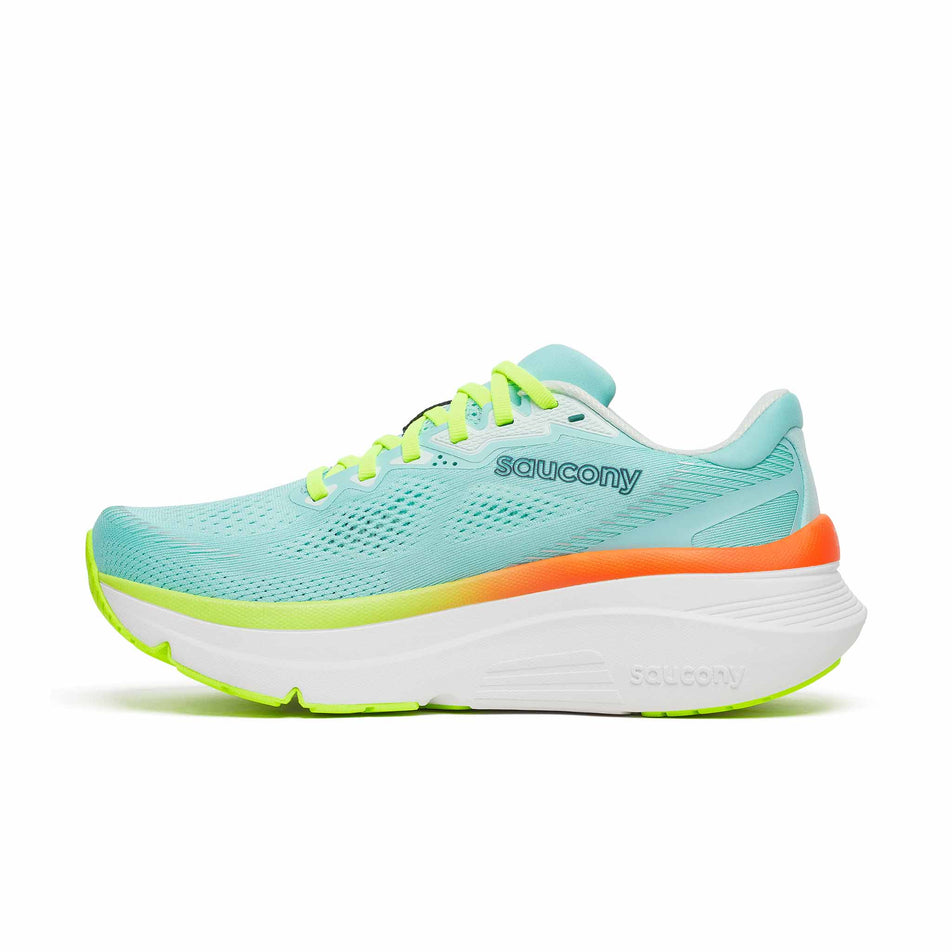 Medial view of the right shoe from a pair of Saucony Women's Guide 19 Running Shoes in the Splash/Citron colourway.