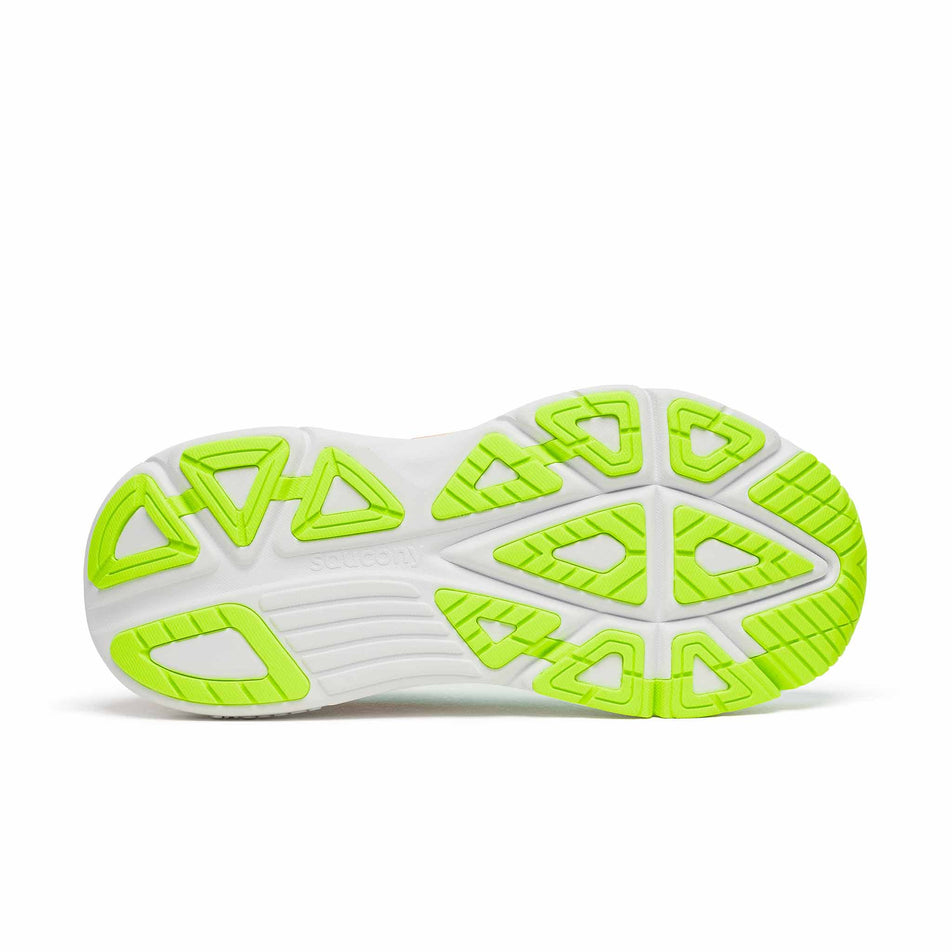 The outsole of the right shoe from a pair of Saucony Women's Guide 19 Running Shoes in the Splash/Citron colourway.