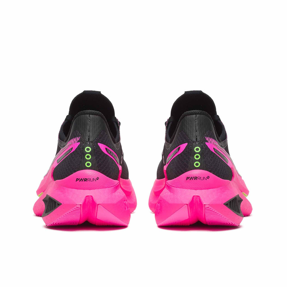 The back of a pair of Saucony Women's Endorphin Pro 5 Running Shoes in the Black/Shock colourway.