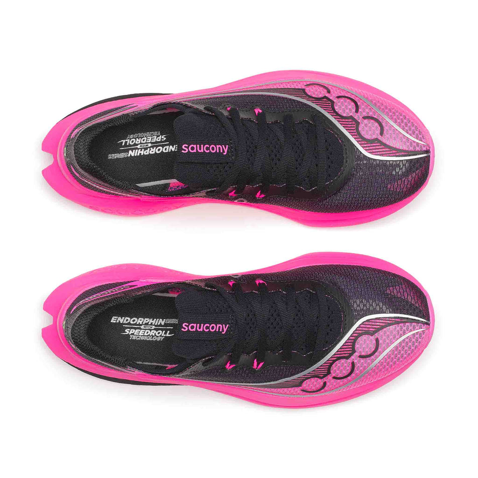 The uppers of a pair of Saucony Women's Endorphin Pro 5 Running Shoes in the Black/Shock colourway.