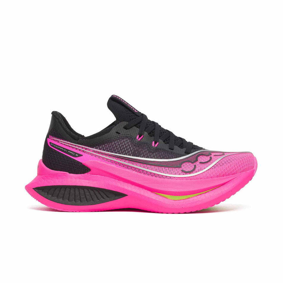 Lateral view of the right shoe from a pair of Saucony Women's Endorphin Pro 5 Running Shoes in the Black/Shock colourway.