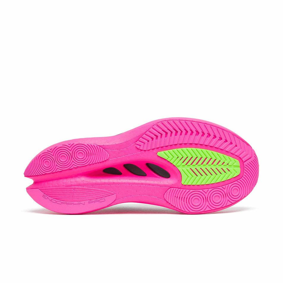 The outsole of the right shoe from a pair of Saucony Women's Endorphin Pro 5 Running Shoes in the Black/Shock colourway.