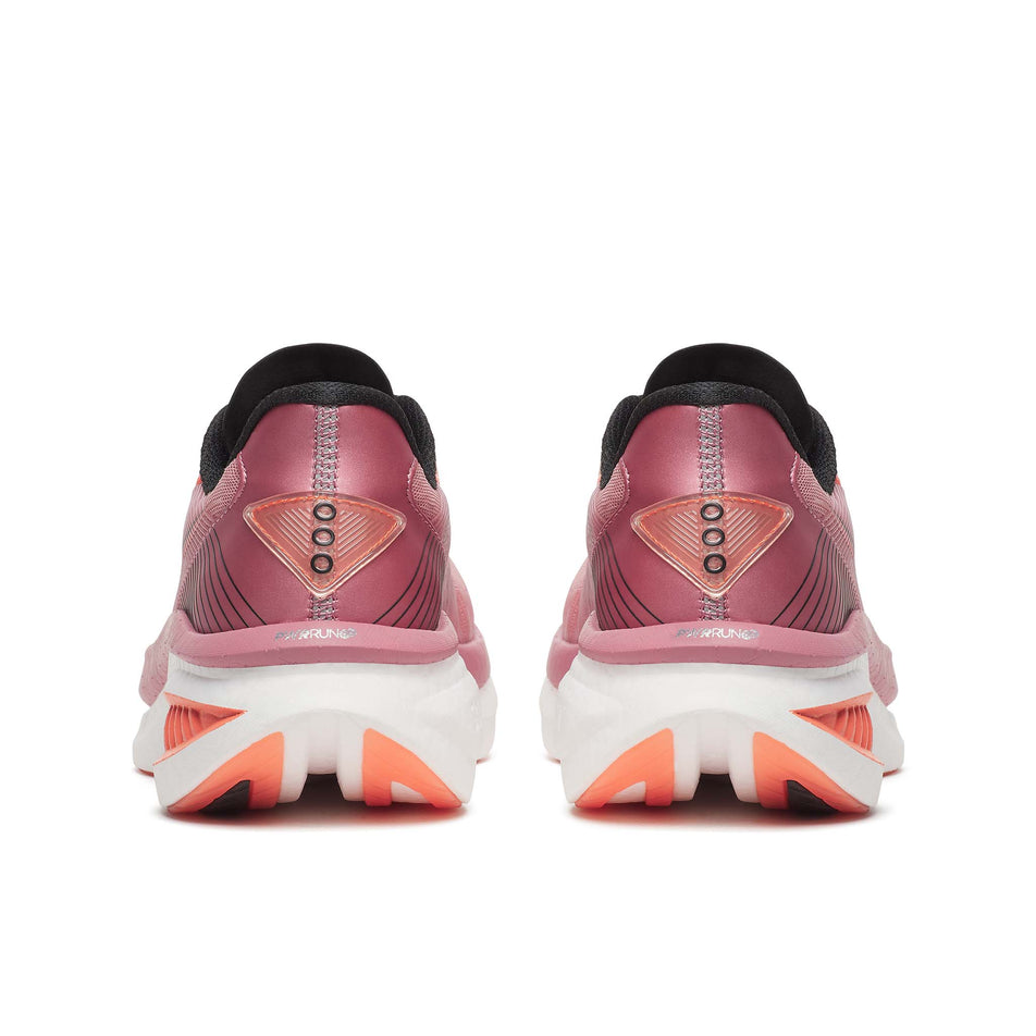 The back of a pair of Saucony Women's Endorphin Azura Running Shoes in the Mauve colourway.