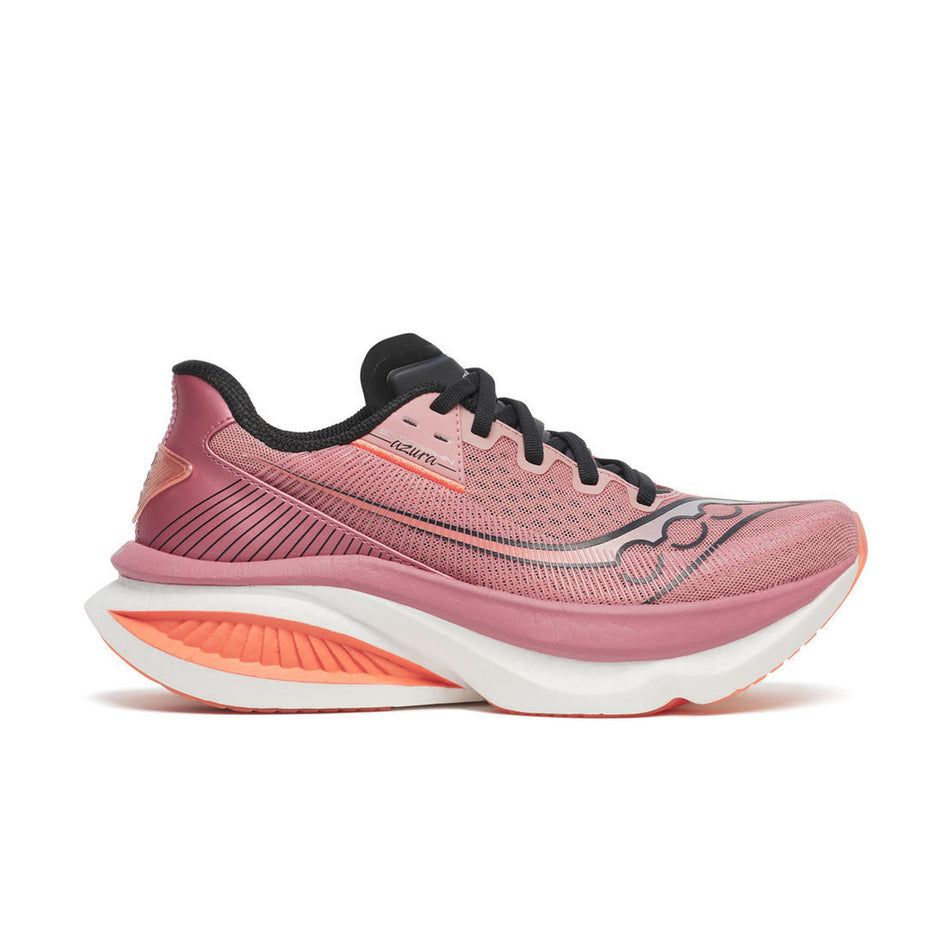 Lateral view of the right shoe from a pair of Saucony Women's Endorphin Azura Running Shoes in the Mauve colourway.
