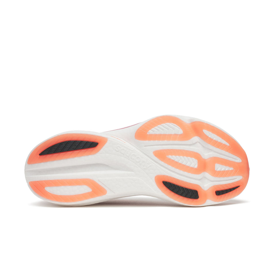 The outsole of the right shoe from a pair of Saucony Women's Endorphin Azura Running Shoes in the Mauve colourway.