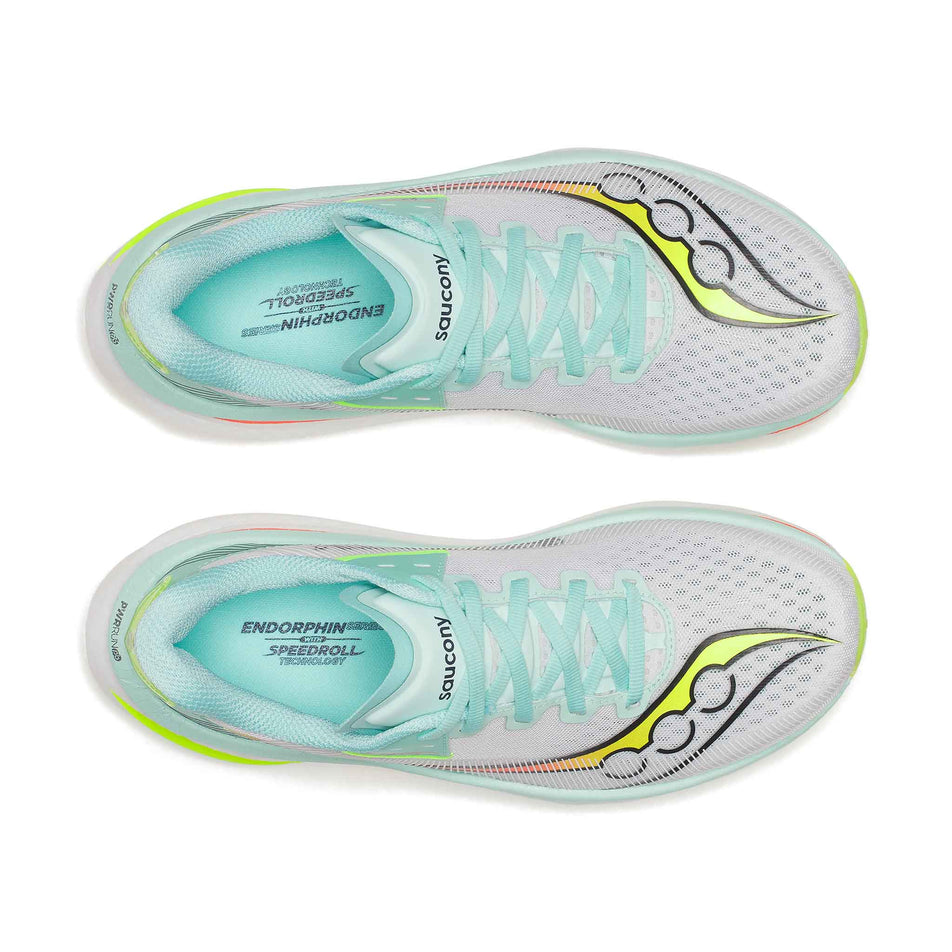 The uppers of a pair of Saucony Women's Endorphin Azura Running Shoes in the White/Splash colourway.