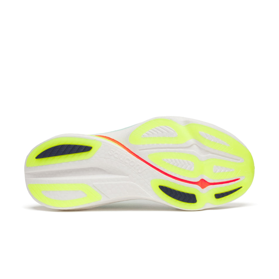 The outsole of the right shoe from a pair of Saucony Women's Endorphin Azura Running Shoes in the White/Splash colourway.