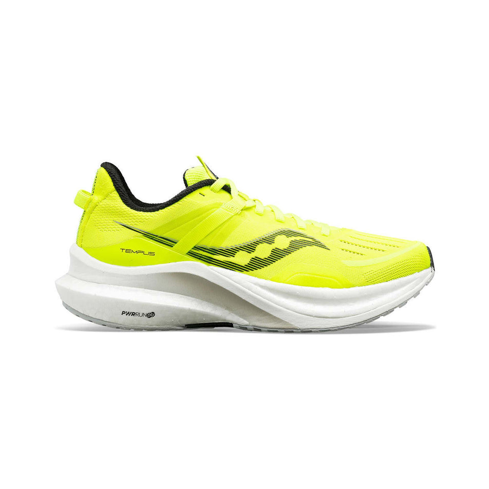 Lateral side of the right shoe from a pair of Saucony Men's Tempus Running Shoes in the Citron colourway (7996770123938)