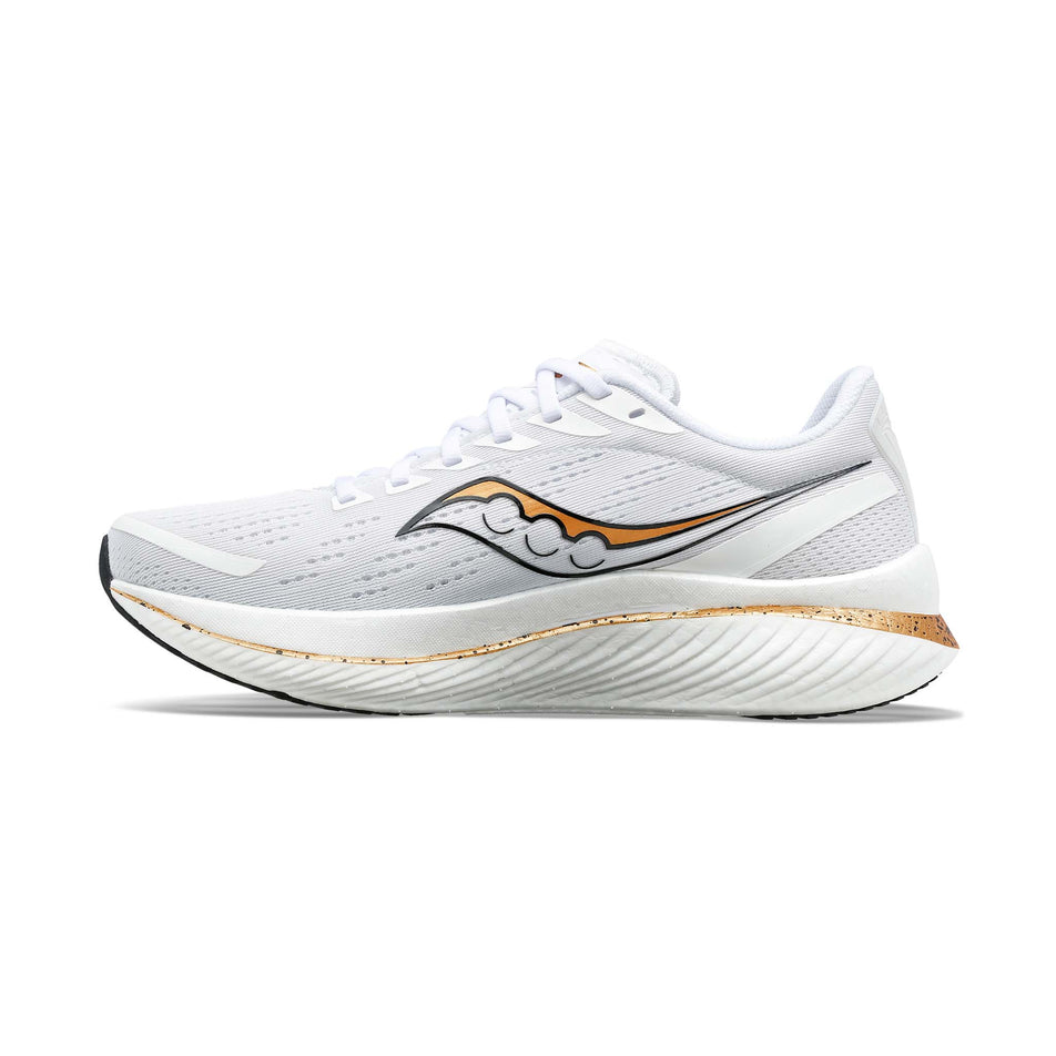 Medial side of the right shoe from a pair of Saucony Men's Endorphin Speed 3 Running Shoes in the White/Gold colourway (7996715991202)