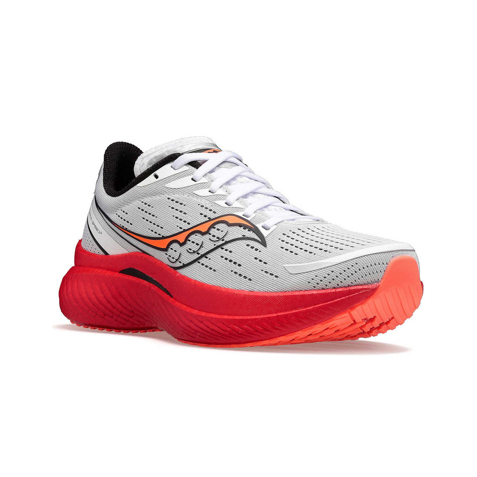 Right shoe anterior angled view of Saucony Men's Endorphin Speed 3 Running Shoes in white. (8089636995234)