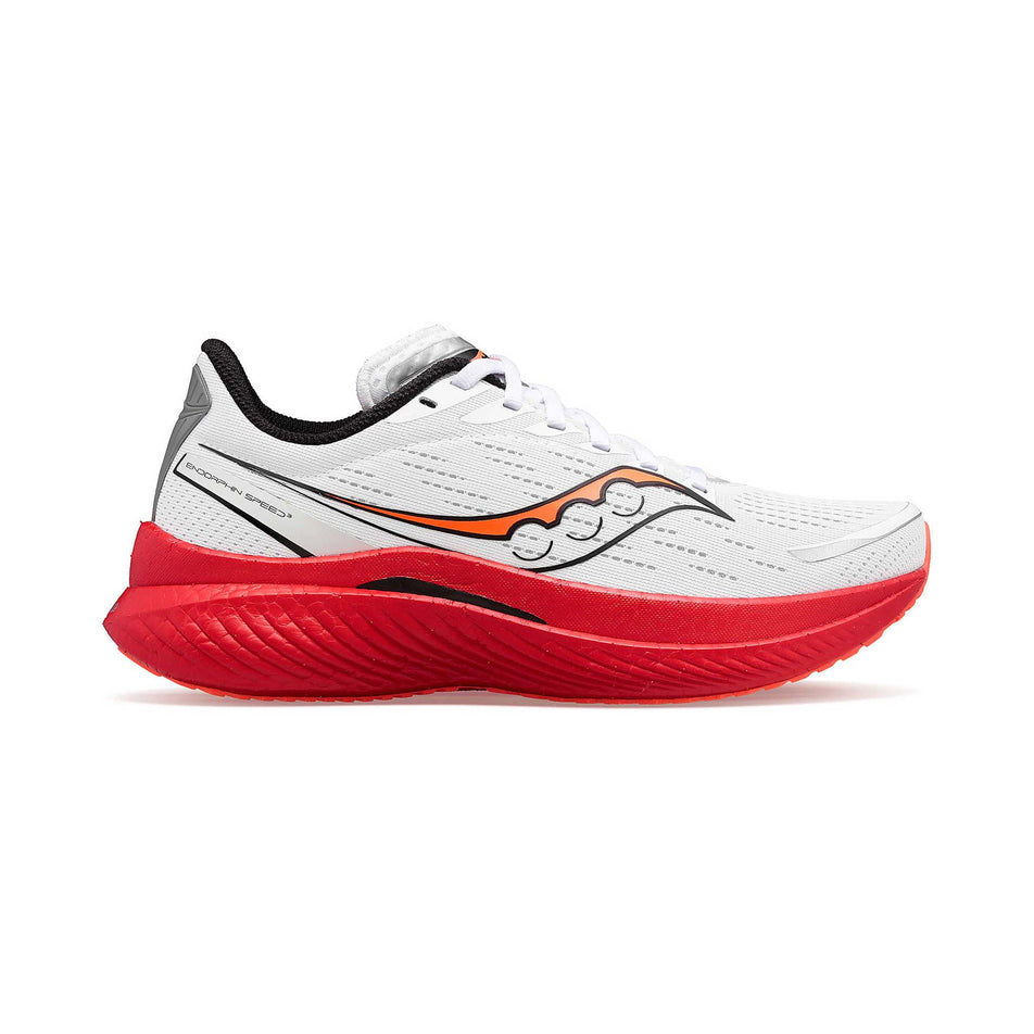 Right shoe lateral view of Saucony Men's Endorphin Speed 3 Running Shoes in white. (8089636995234)