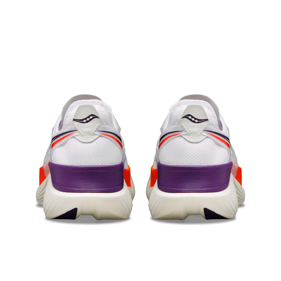 The back of a pair of Saucony Men's Endorphin Elite Running Shoes in the White/Vizired colourway (8192168853666)
