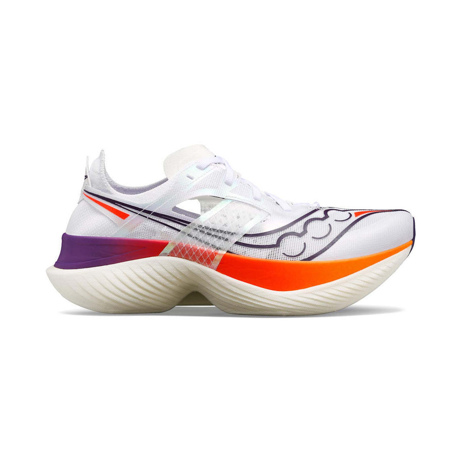 Lateral side of the right shoe from a pair of Saucony Men's Endorphin Elite Running Shoes in the White/Vizired colourway (8192168853666)
