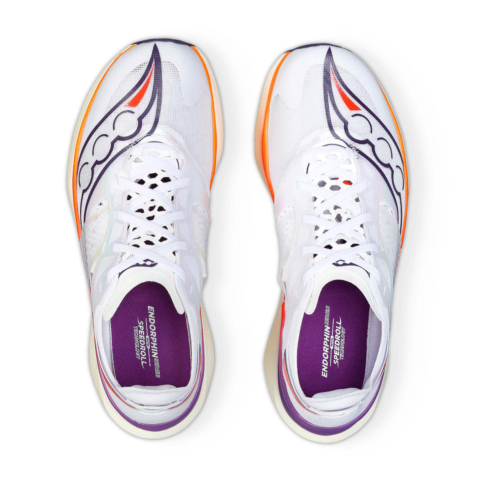 The upper of a pair of Saucony Men's Endorphin Elite Running Shoes in the White/Vizired colourway (8192168853666)