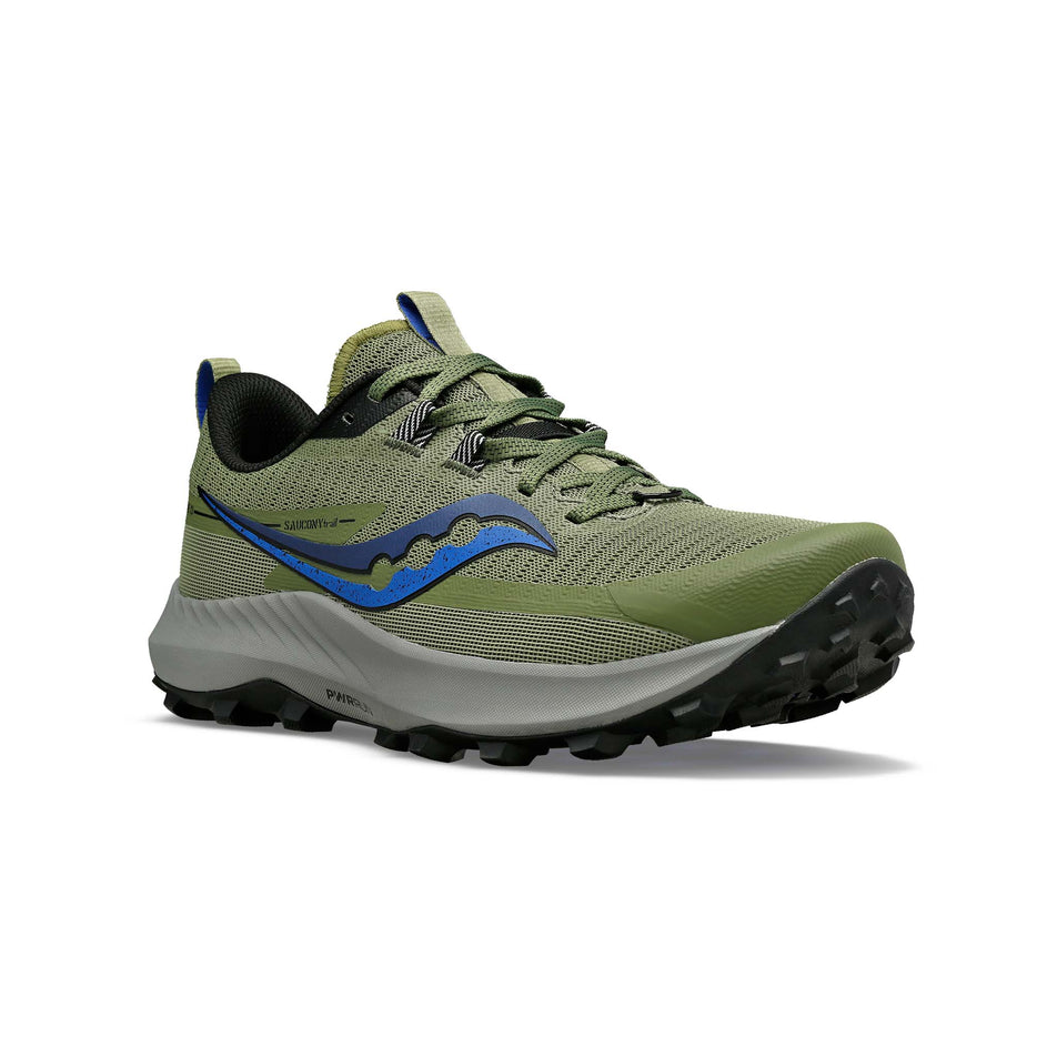 Lateral side of the right shoe from a pair of Saucony Men's Peregrine 13 Running Shoes in the Glade/Black colourway (7996806234274)