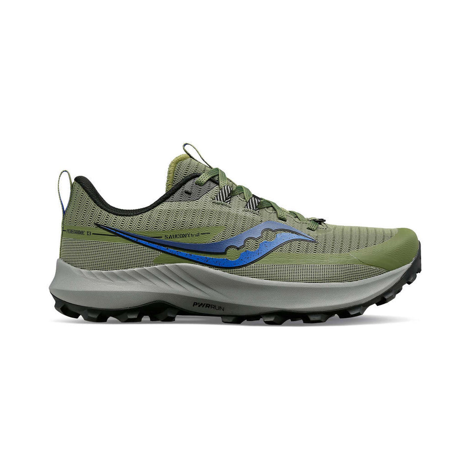 Lateral side of the right shoe from a pair of Saucony Men's Peregrine 13 Running Shoes in the Glade/Black colourway (7996806234274)