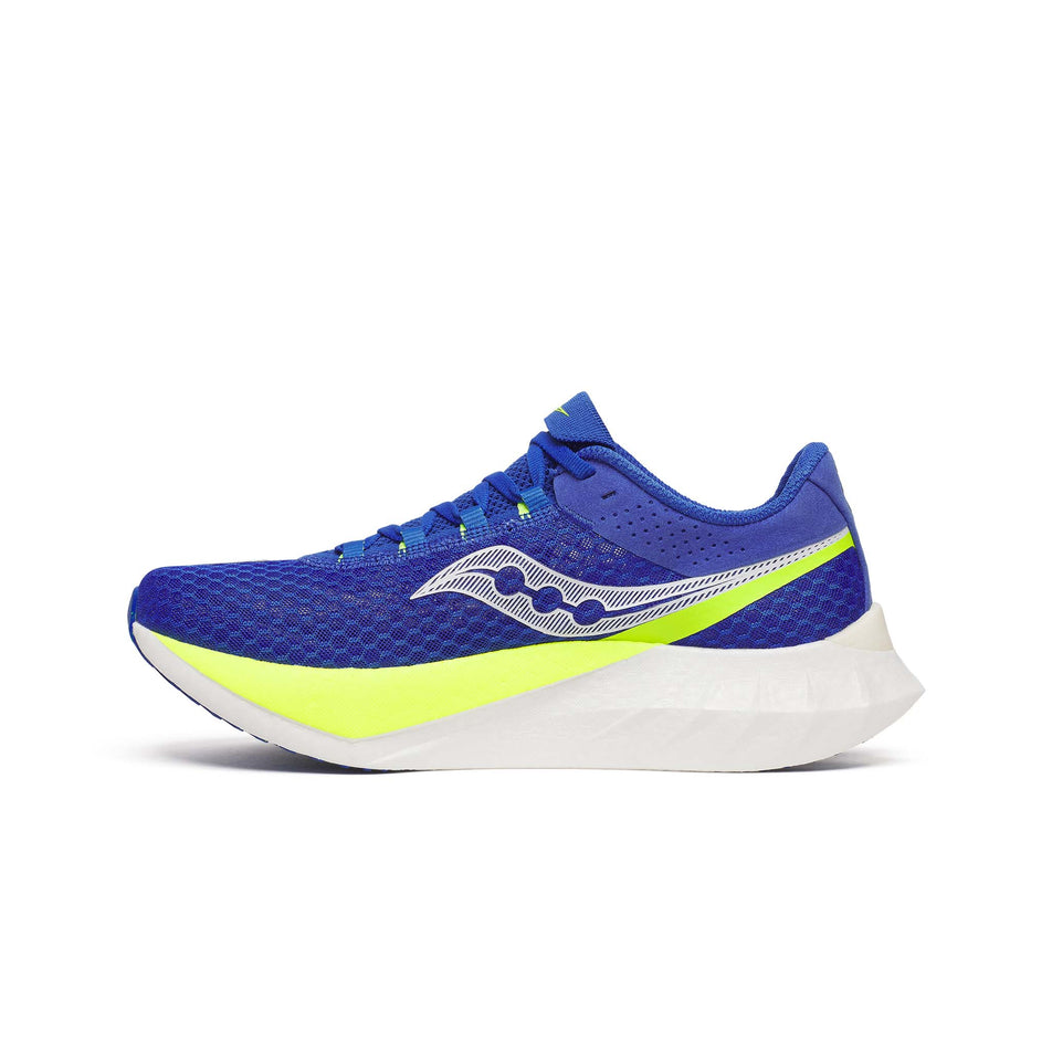 Medial view of the right shoe from a pair of Saucony Men's Endorphin Pro 4 Running Shoes in the Lapis/Citron colourway. (8654179827874)