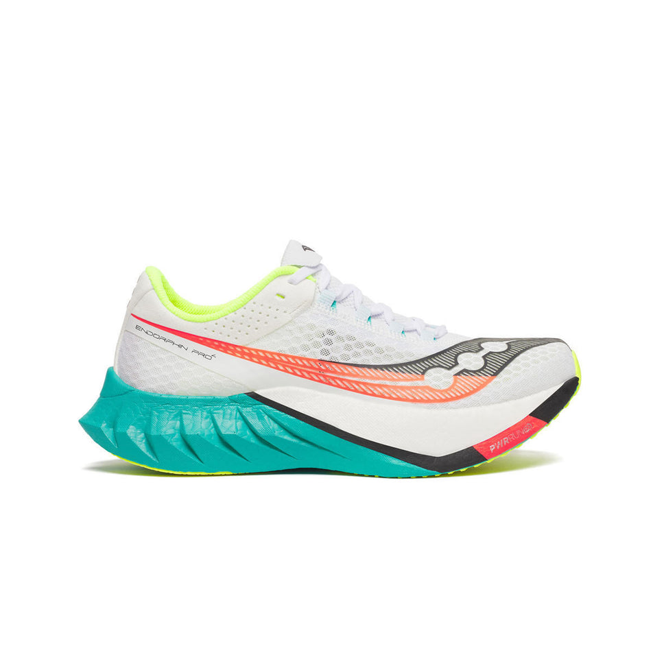 Lateral view of the right shoe from a pair of Saucony Men's Endorphin Pro 4 Running Shoes in the White/Mutant colourway. (8654191231138)